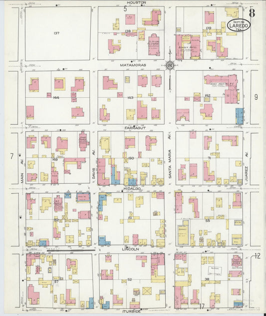 Sanborn Fire Insurance Map from Laredo, Webb County, Texas (1916), Sheet #0008 - Historic Sanborn Fire Insurance Map Print, vintage old map wall art, antique decor, genealogy gift, Texas Texas map
