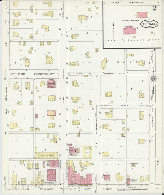 Sanborn Fire Insurance Map from Bentonville, Benton County, Arkansas (1914), Sheet #0002 - Historic Sanborn Fire Insurance Map Print, vintage old map wall art, antique decor, genealogy gift, Arkansas Arkansas map