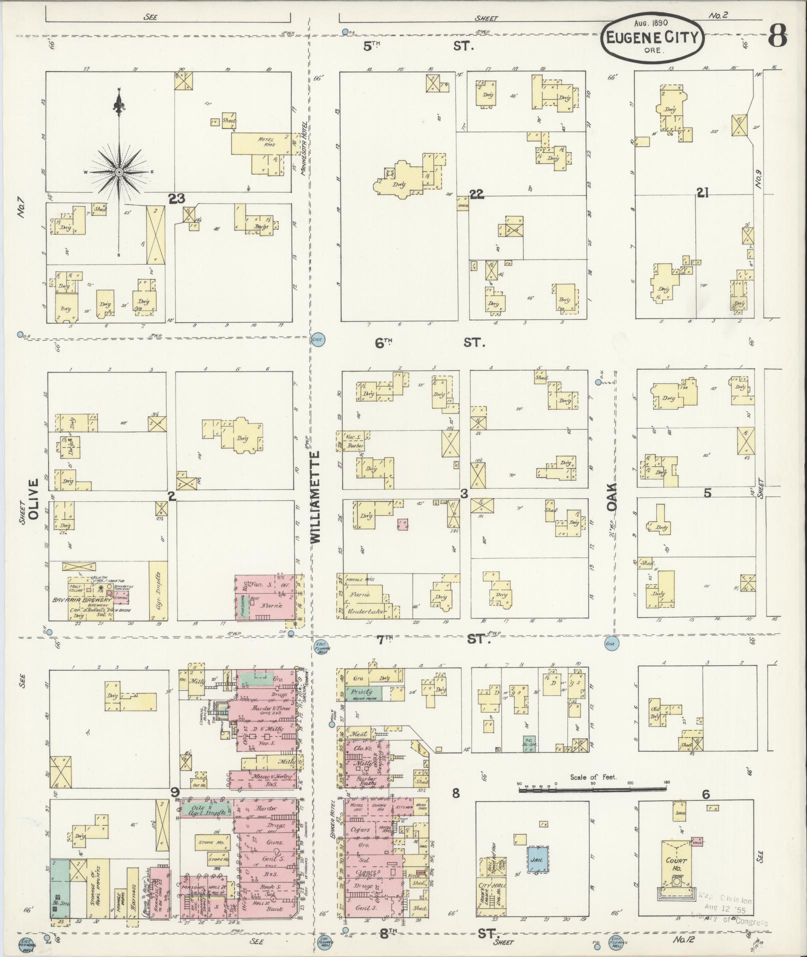Sanborn Fire Insurance Map from Eugene, Lane County, Oregon (1890), Sheet #0008 - Historic Sanborn Fire Insurance Map Print, vintage old map wall art, antique decor, genealogy gift, Oregon Oregon map