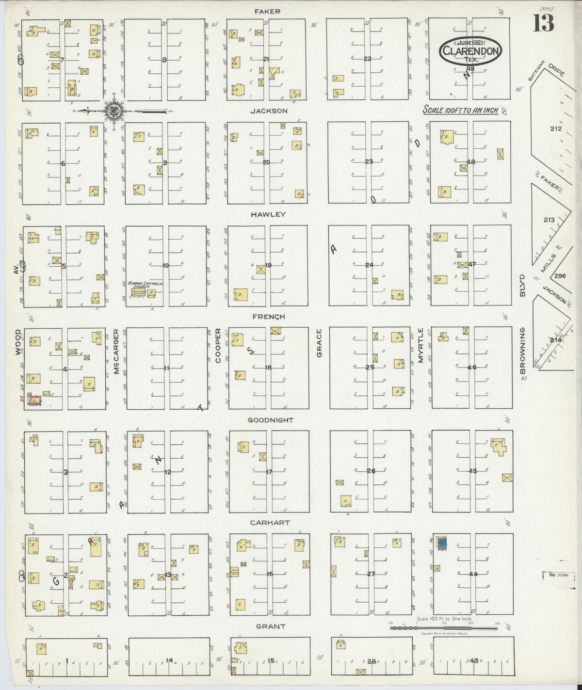 Sanborn Fire Insurance Map from Clarendon, Donley County, Texas (1921), Sheet #0013 - Historic Sanborn Fire Insurance Map Print, vintage old map wall art, antique decor, genealogy gift, Texas Texas map