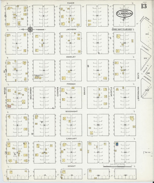 Sanborn Fire Insurance Map from Clarendon, Donley County, Texas (1921), Sheet #0013 - Historic Sanborn Fire Insurance Map Print, vintage old map wall art, antique decor, genealogy gift, Texas Texas map
