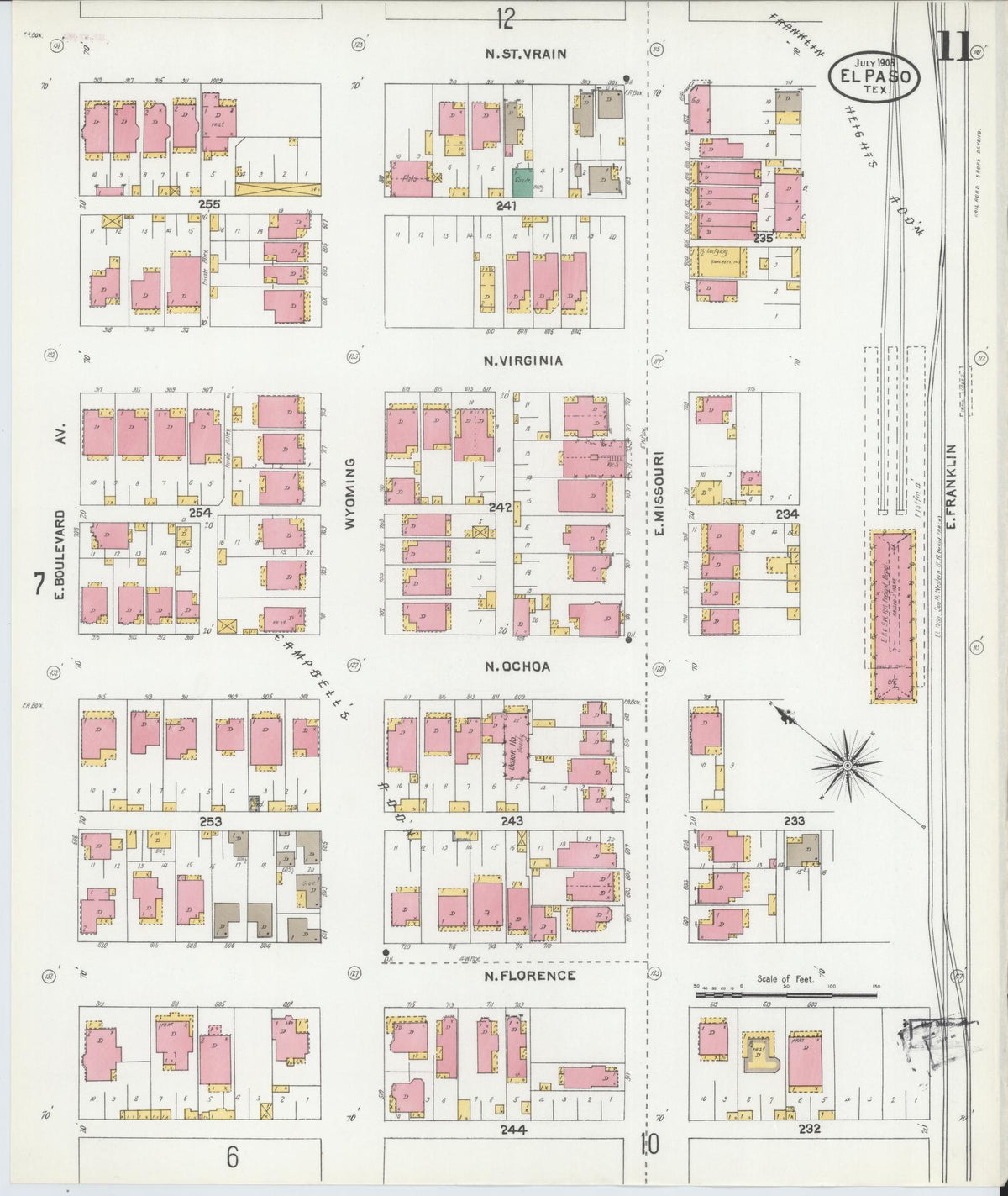 Sanborn Fire Insurance Map from El Paso, El Paso County, Texas (1905), Sheet #0011 - Historic Sanborn Fire Insurance Map Print, vintage old map wall art, antique decor, genealogy gift, Texas Texas map