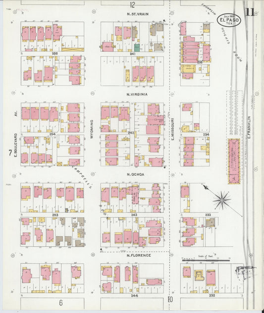 Sanborn Fire Insurance Map from El Paso, El Paso County, Texas (1905), Sheet #0011 - Historic Sanborn Fire Insurance Map Print, vintage old map wall art, antique decor, genealogy gift, Texas Texas map
