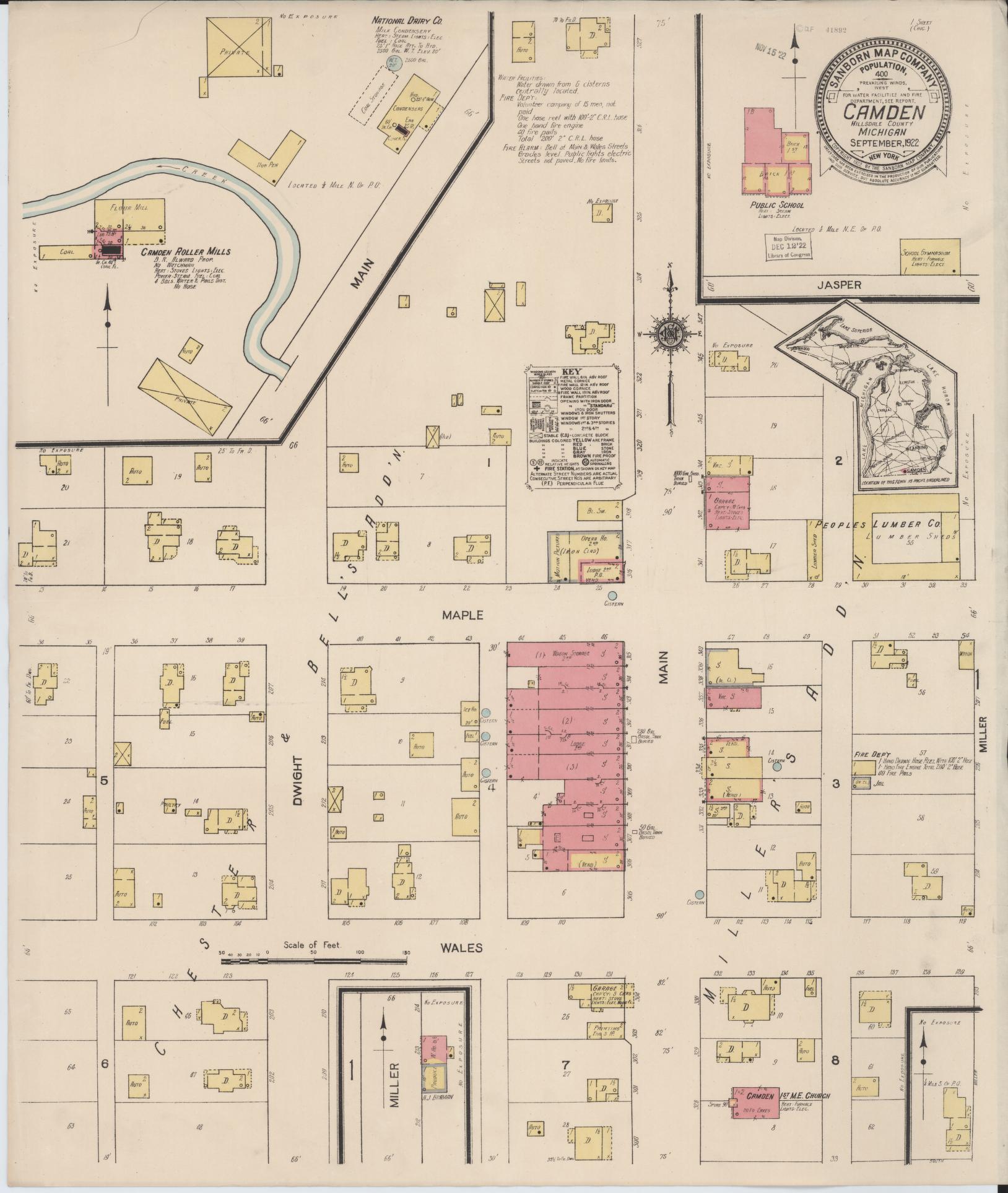 Sanborn Fire Insurance Map from Camden, Hillsdale County, Michigan (1922), Sheet #0001 - Historic Sanborn Fire Insurance Map Print, vintage old map wall art, antique decor, genealogy gift, Michigan Michigan map