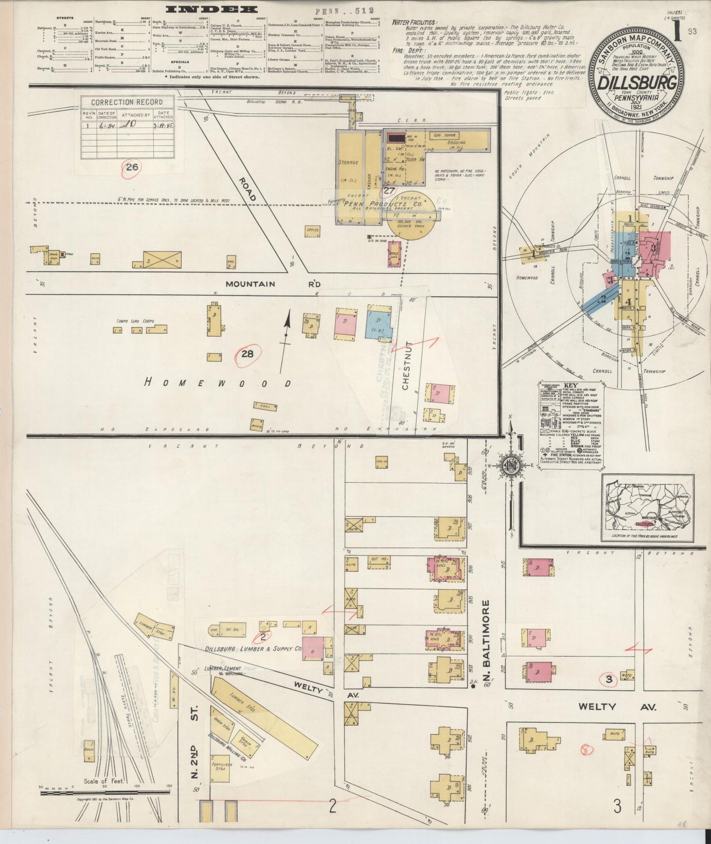 Sanborn Fire Insurance Map from Dillsburg, York County, Pennsylvania (1934), Sheet #0001 - Historic Sanborn Fire Insurance Map Print, vintage old map wall art, antique decor, genealogy gift, Pennsylvania Pennsylvania map