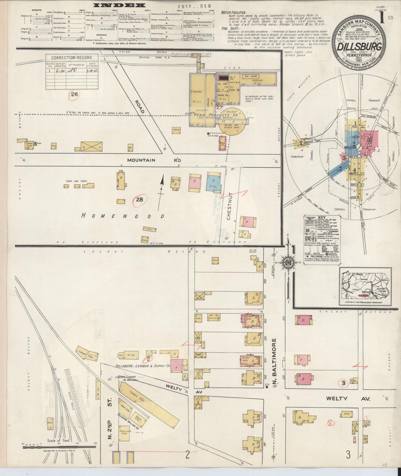 Sanborn Fire Insurance Map from Dillsburg, York County, Pennsylvania (1934), Sheet #0001 - Historic Sanborn Fire Insurance Map Print, vintage old map wall art, antique decor, genealogy gift, Pennsylvania Pennsylvania map