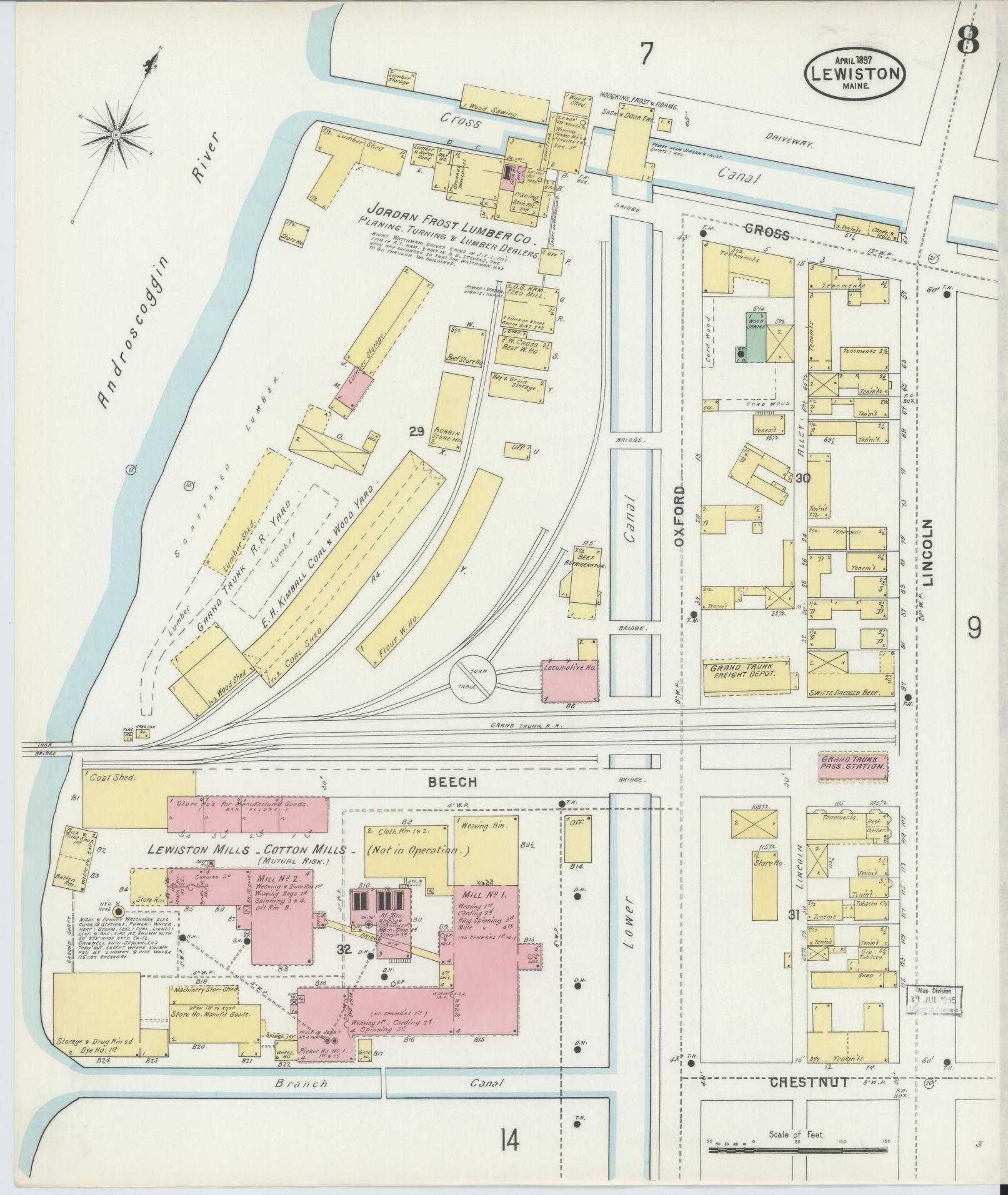 Sanborn Fire Insurance Map from Lewiston, Androscoggin County, Maine (1897), Sheet #0008 - Complete Map Set gallery image, historic Sanborn map, vintage wall art, Maine Maine
