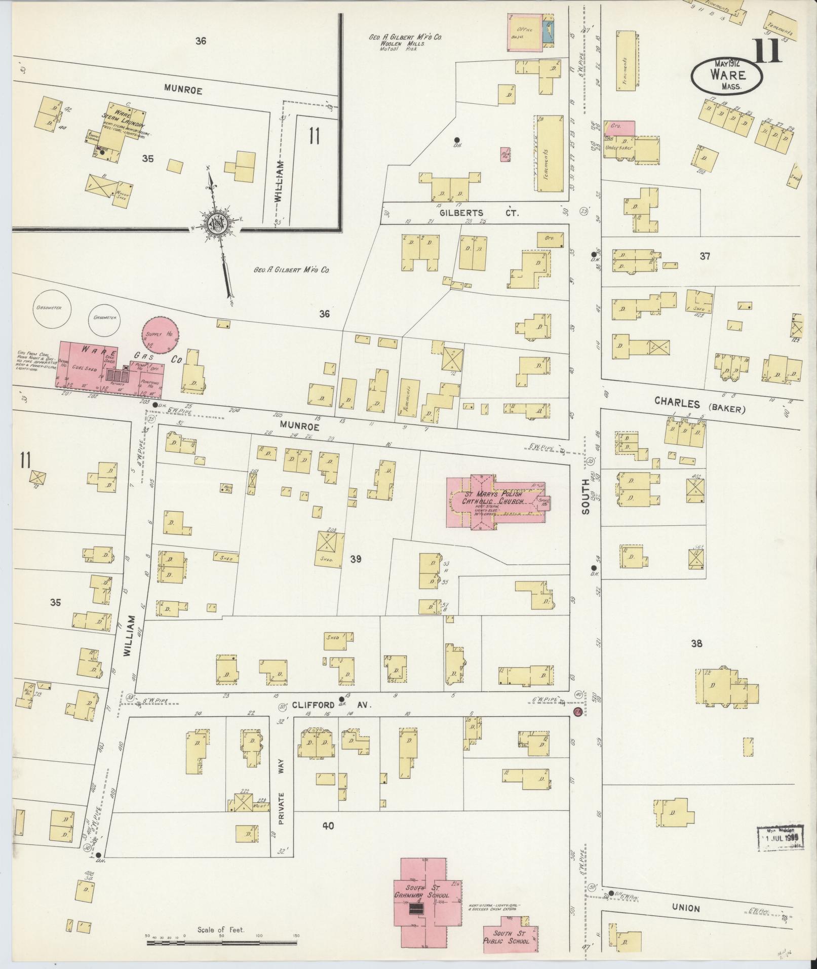 Sanborn Fire Insurance Map from Ware, Hampshire County, Massachusetts (1912), Sheet #0011 - Complete Map Set gallery image, historic Sanborn map, vintage wall art, Massachusetts Massachusetts