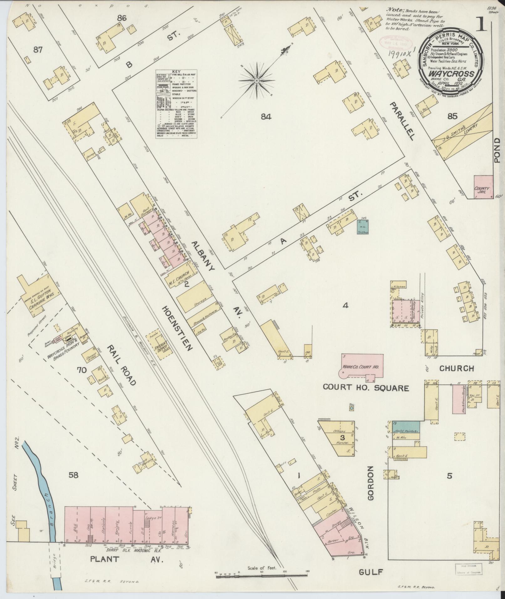 Sanborn Fire Insurance Map from Waycross, Ware County, Georgia (1892), Sheet #0001 - Complete Map Set gallery image, historic Sanborn map, vintage wall art, Georgia Georgia