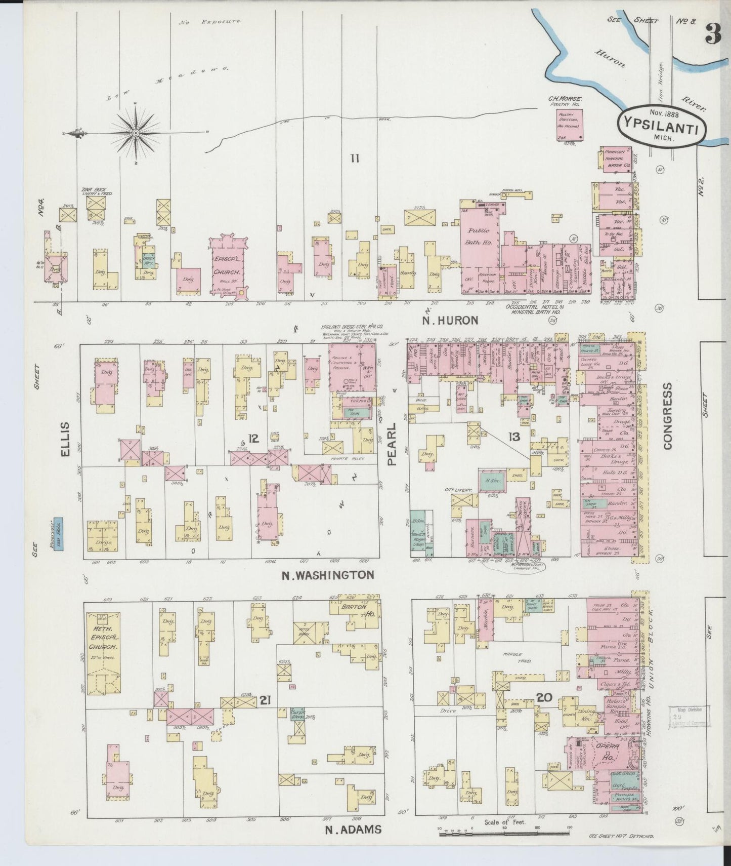 Sanborn Fire Insurance Map from Ypsilanti, Washtenaw County, Michigan (1888), Sheet #0003 - Complete Map Set gallery image, historic Sanborn map, vintage wall art, Michigan Michigan