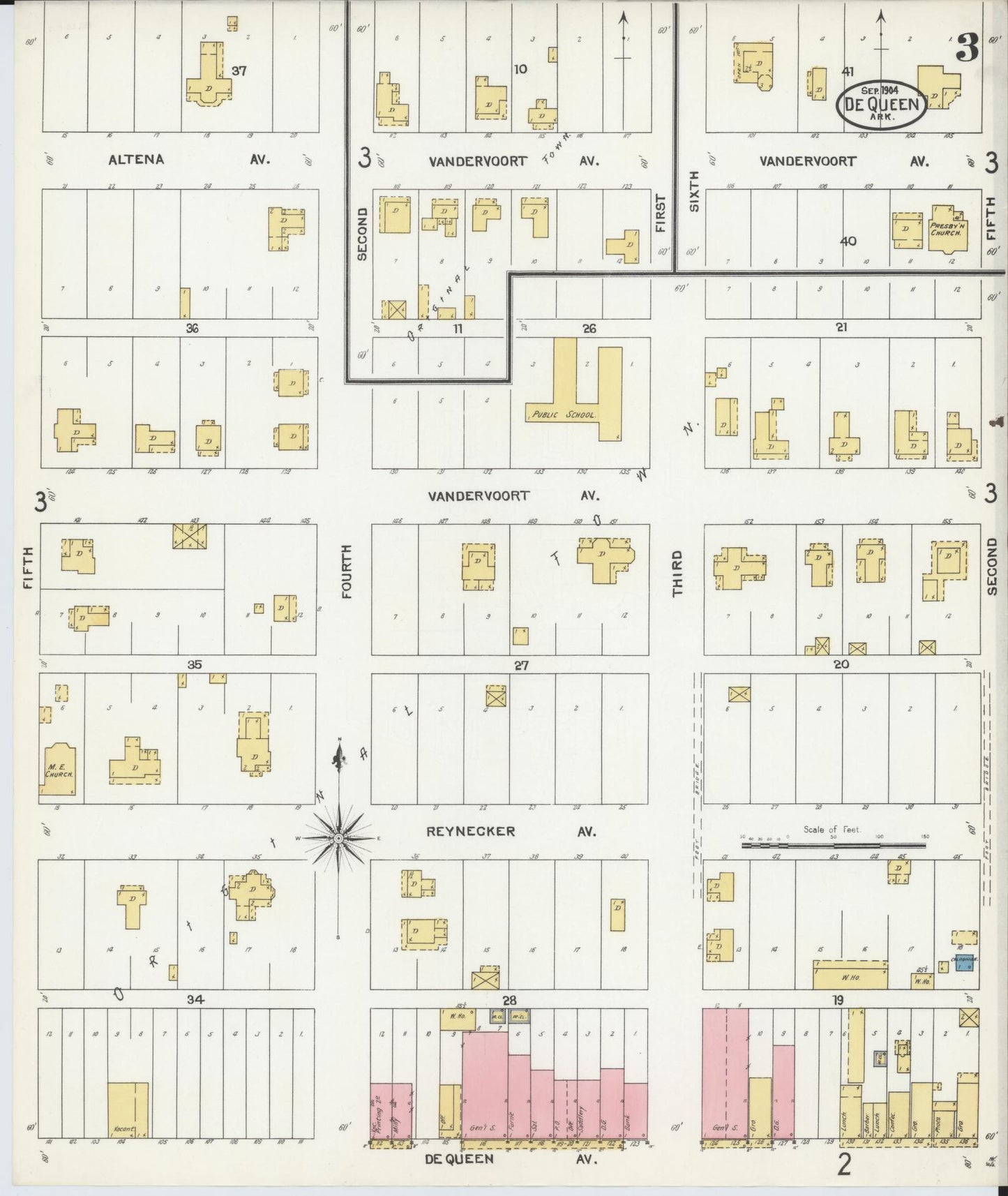 Sanborn Fire Insurance Map from De Queen, Sevier County, Arkansas (1904), Sheet #0003 - Historic Sanborn Fire Insurance Map Print, vintage old map wall art, antique decor, genealogy gift, Arkansas Arkansas map