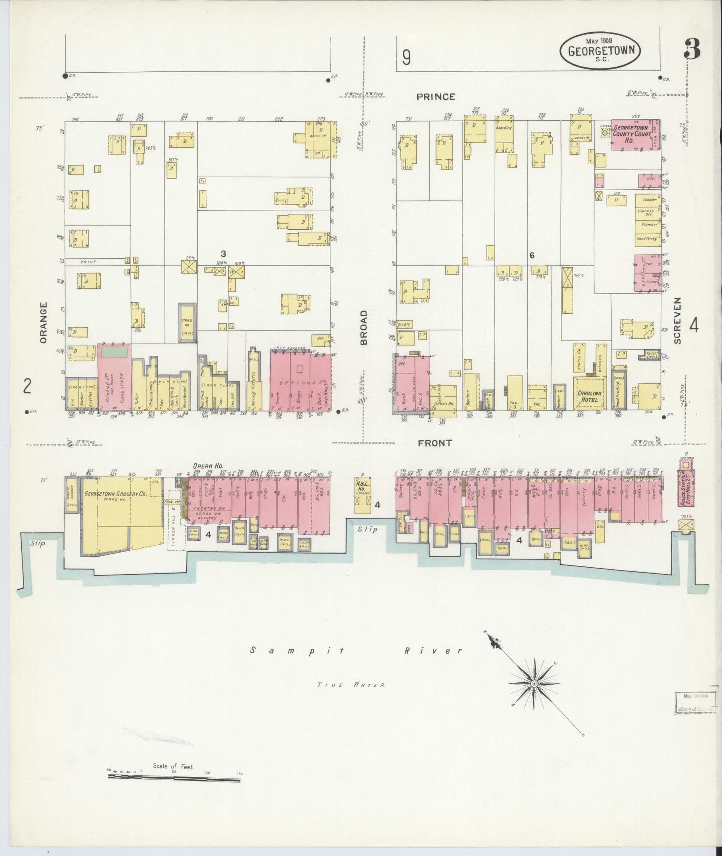 Sanborn Fire Insurance Map from Georgetown, Georgetown County, South Carolina (1908), Sheet #0003 - Historic Sanborn Fire Insurance Map Print, vintage old map wall art, antique decor, genealogy gift, South Carolina South Carolina map