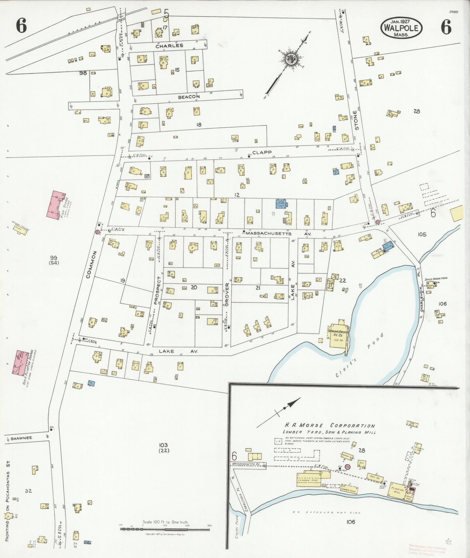 Sanborn Fire Insurance Map from Walpole, Norfolk County, Massachusetts (1927), Sheet #0006 - Complete Map Set gallery image, historic Sanborn map, vintage wall art, Massachusetts Massachusetts
