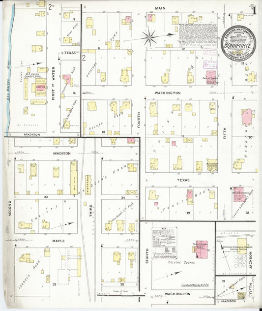 Sanborn Fire Insurance Map from Bonaparte, Van Buren County, Iowa (1909), Sheet #0001 - Historic Sanborn Fire Insurance Map Print, vintage old map wall art