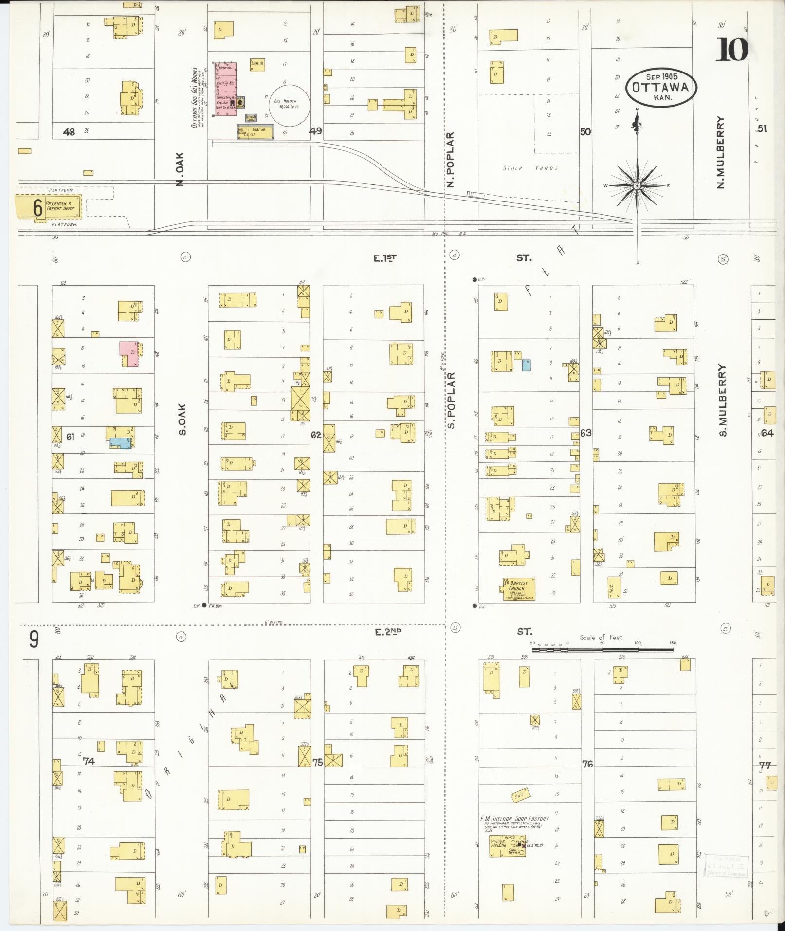 Sanborn Fire Insurance Map from Ottawa, Franklin County, Kansas (1905), Sheet #0010 - Complete Map Set gallery image, historic Sanborn map, vintage wall art, Kansas Kansas