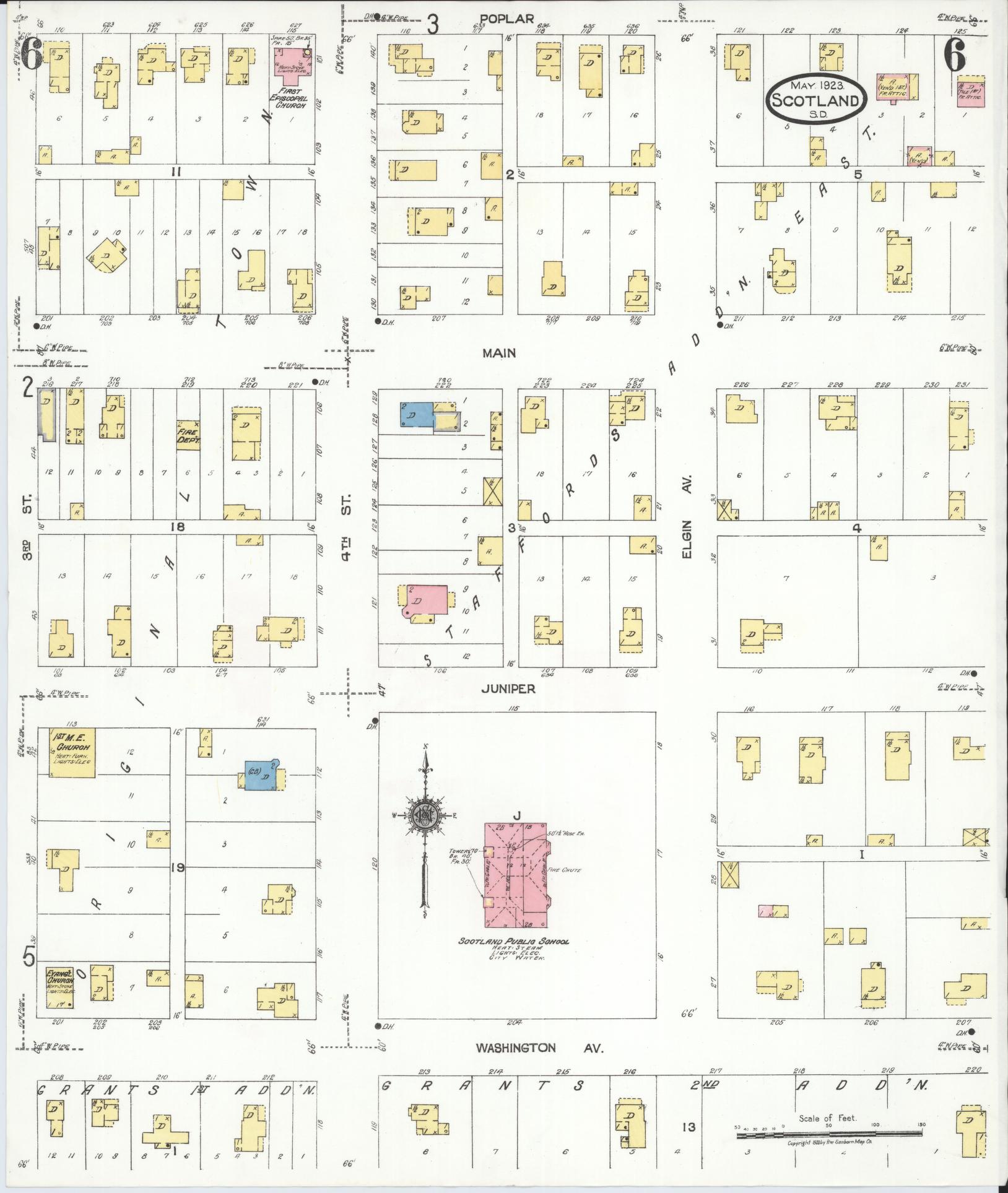 Sanborn Fire Insurance Map from Scotland, Bon Homme County, South Dakota (1923), Sheet #0006 - Complete Map Set gallery image, historic Sanborn map, vintage wall art, South Dakota South Dakota