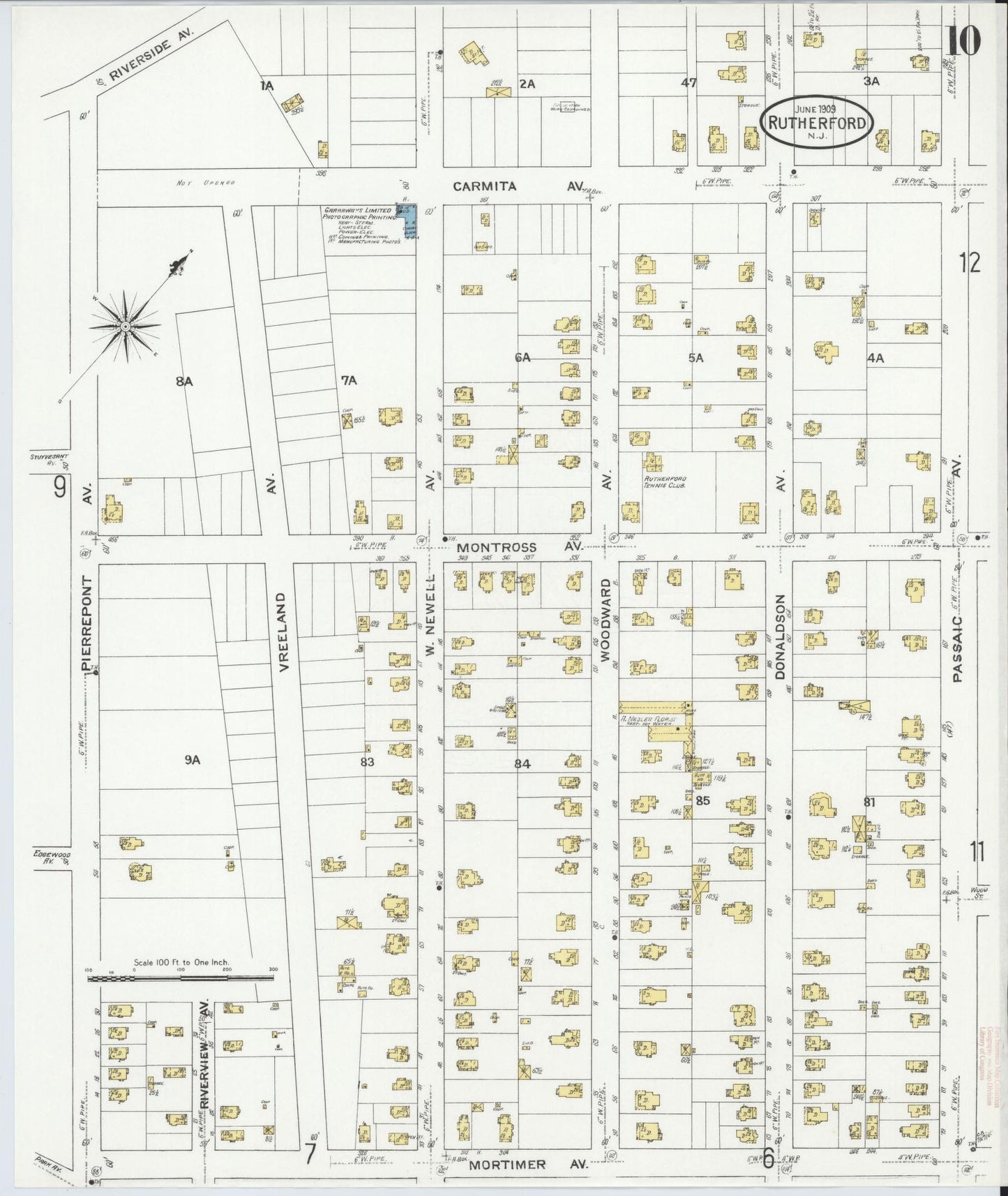 Sanborn Fire Insurance Map from Rutherford, Bergen County, New Jersey (1909), Sheet #0010 - Historic Sanborn Fire Insurance Map Print, vintage old map wall art, antique decor, genealogy gift, New Jersey New Jersey map