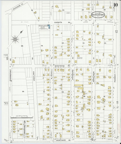 Sanborn Fire Insurance Map from Rutherford, Bergen County, New Jersey (1909), Sheet #0010 - Historic Sanborn Fire Insurance Map Print, vintage old map wall art, antique decor, genealogy gift, New Jersey New Jersey map