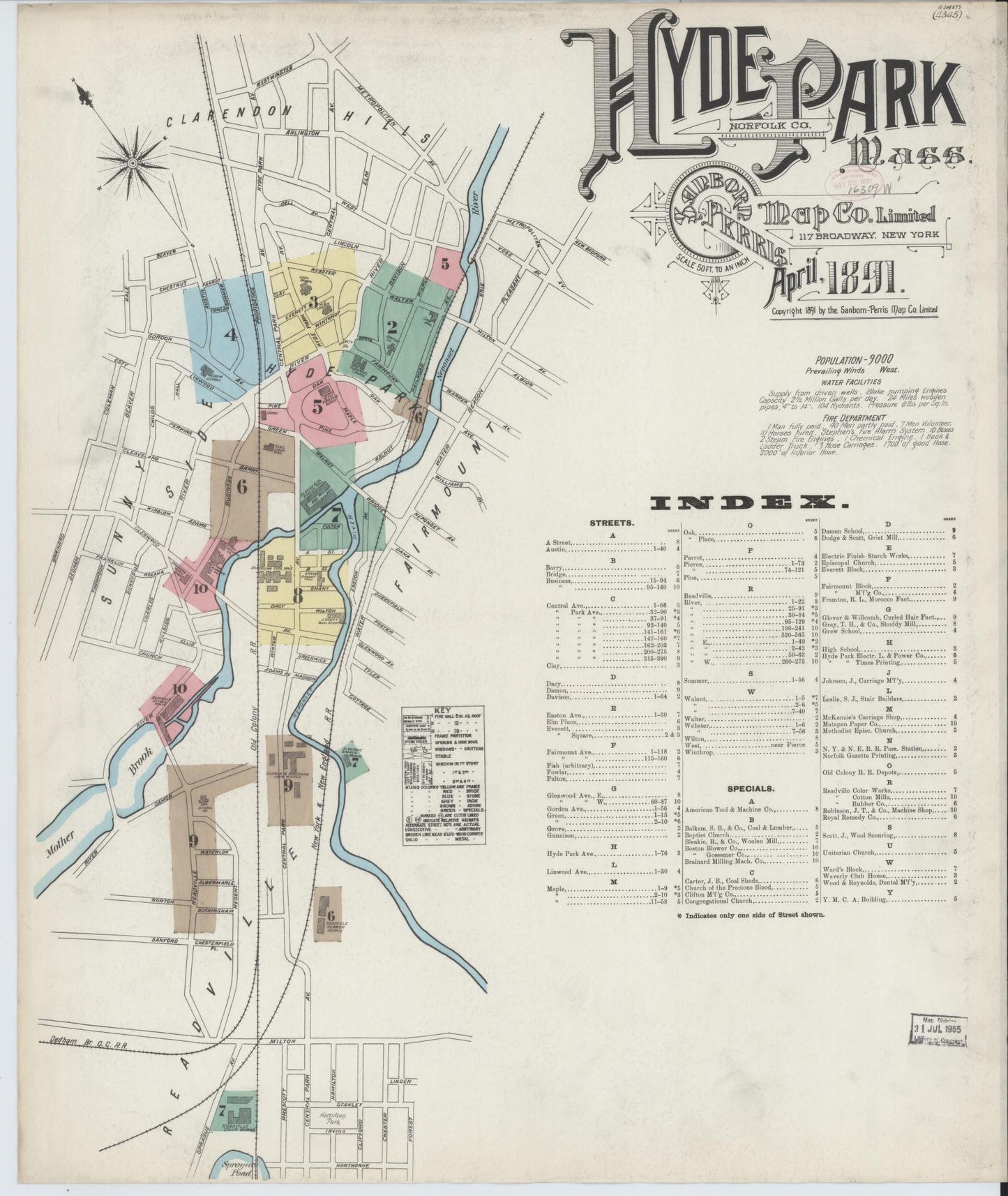Sanborn Fire Insurance Map from Hyde Park, Norfolk County, Massachusetts (1891), Sheet #0001 - Complete Map Set gallery image, historic Sanborn map, vintage wall art, Massachusetts Massachusetts