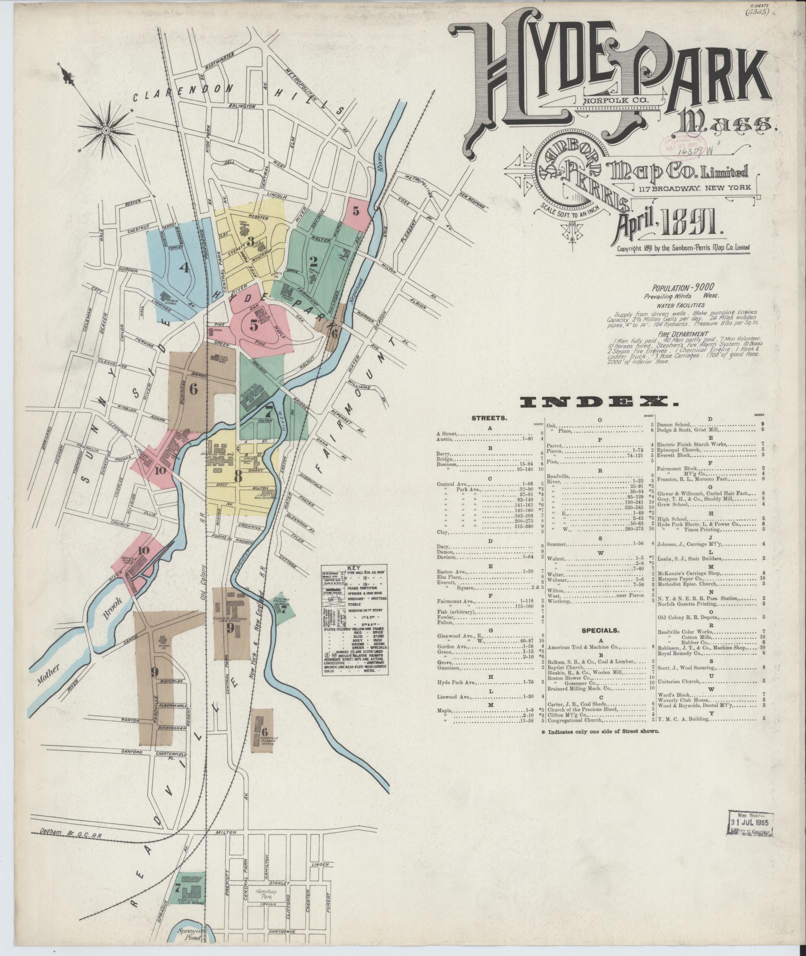 Sanborn Fire Insurance Map from Hyde Park, Norfolk County, Massachusetts (1891), Sheet #0001 - Complete Map Set gallery image, historic Sanborn map, vintage wall art, Massachusetts Massachusetts