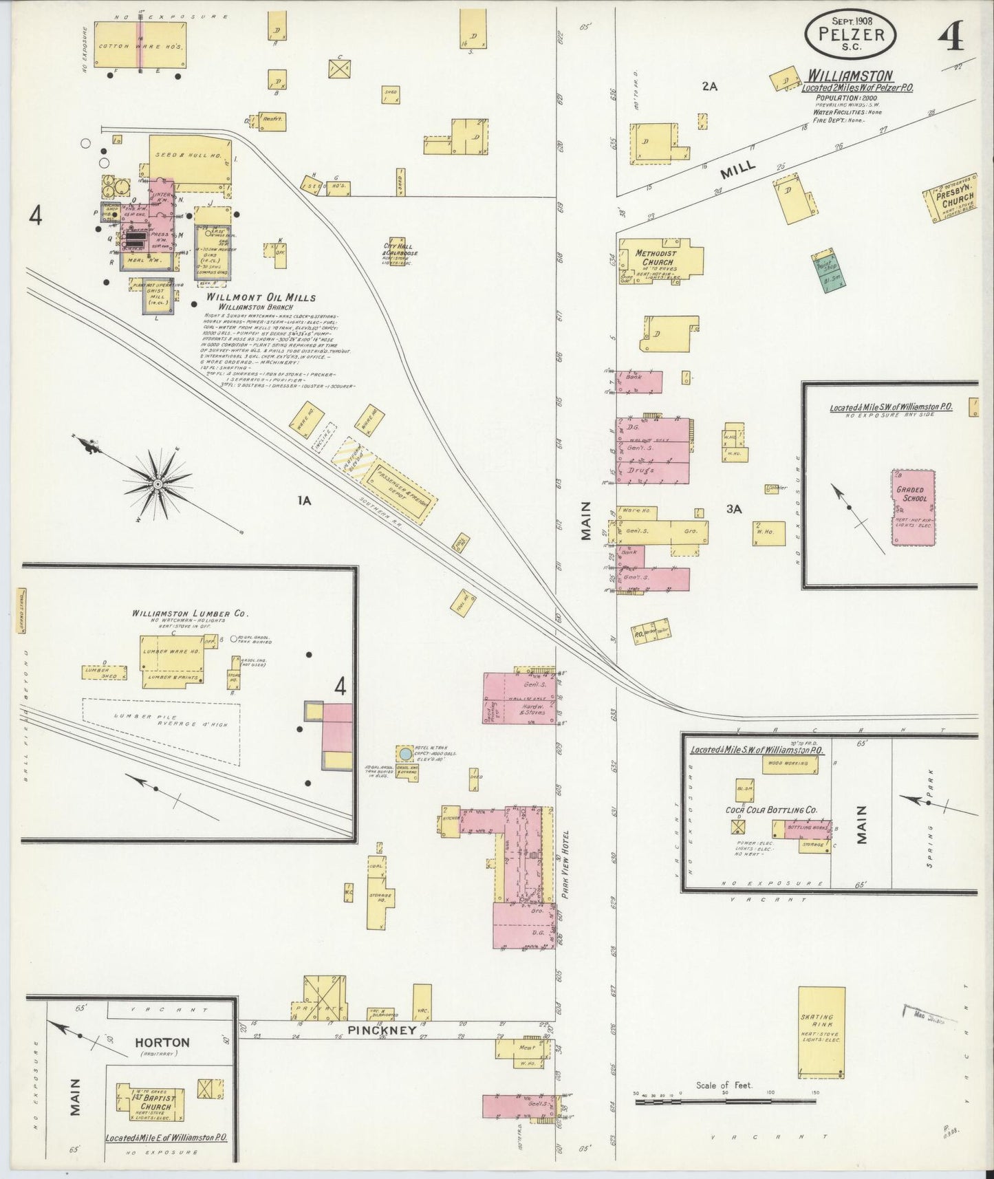 Sanborn Fire Insurance Map from Pelzer, Anderson County, South Carolina (1908), Sheet #0004 - Historic Sanborn Fire Insurance Map Print, vintage old map wall art, antique decor, genealogy gift, South Carolina South Carolina map