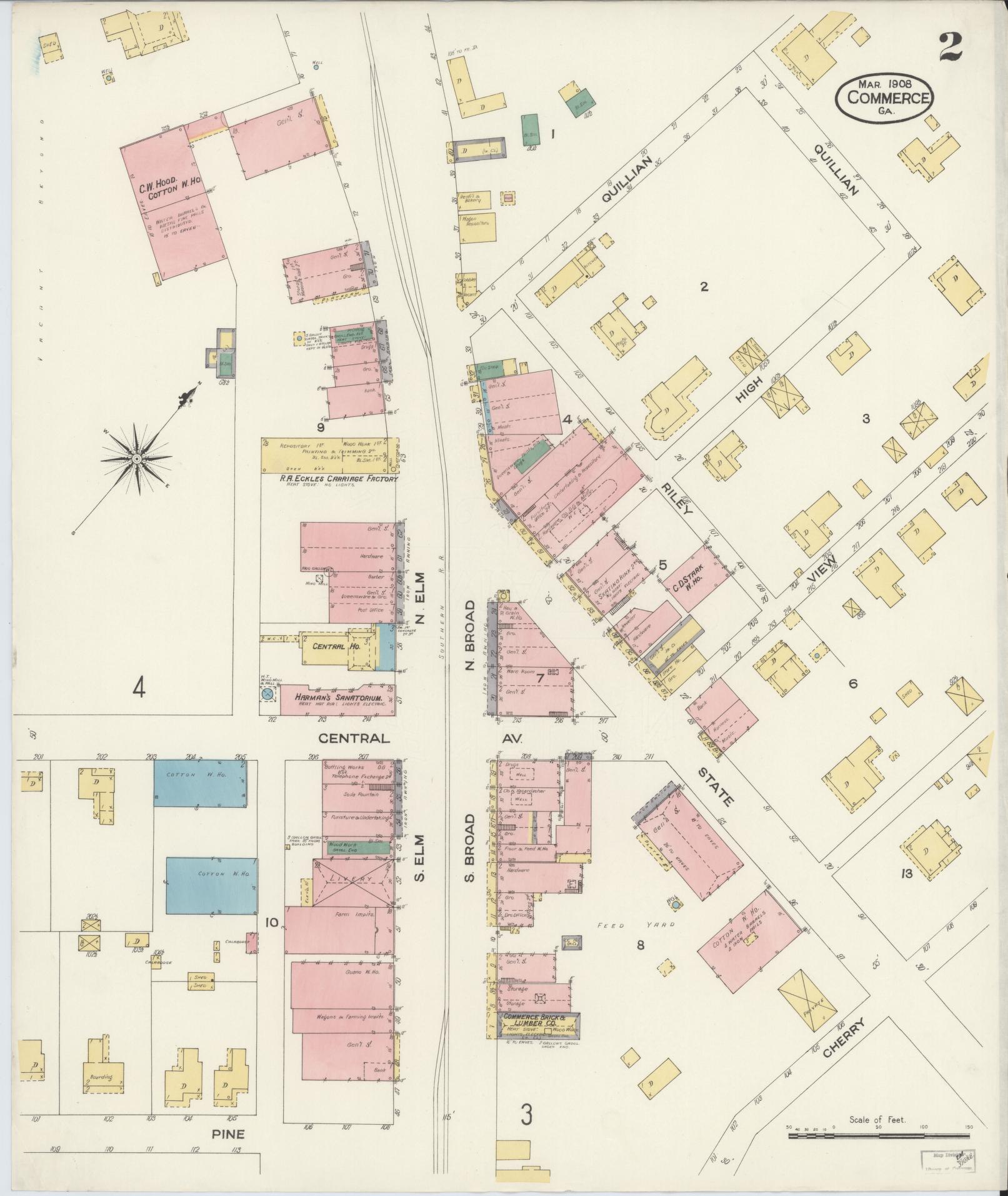 Sanborn Fire Insurance Map from Commerce, Jackson County, Georgia (1908), Sheet #0002 - Complete Map Set gallery image, historic Sanborn map, vintage wall art, Georgia Georgia