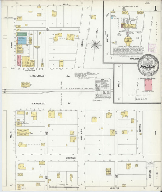 Sanborn Fire Insurance Map from Muldrow, Sequoyah County, Oklahoma (1904), Sheet #0001 - Complete Map Set gallery image, historic Sanborn map, vintage wall art, Oklahoma Oklahoma