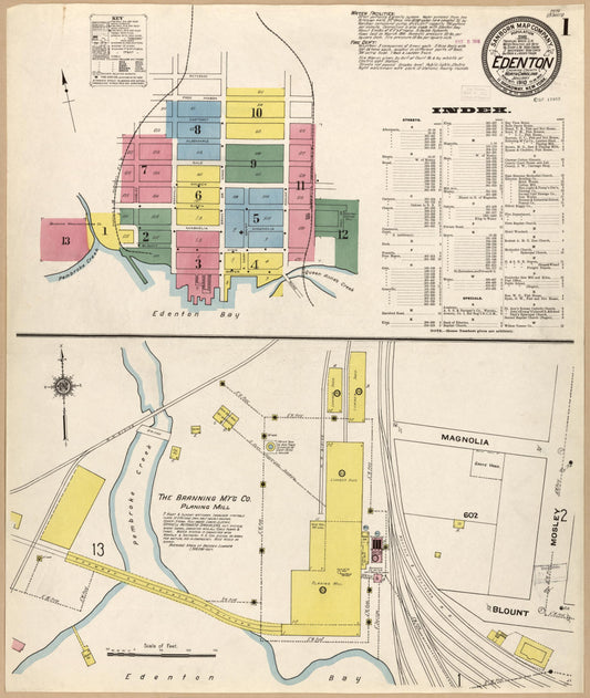 Sanborn Fire Insurance Map from Edenton, Chowan County, North Carolina (1910), Sheet #0001 - Historic Sanborn Fire Insurance Map Print, vintage old map wall art, antique decor, genealogy gift, North Carolina North Carolina map