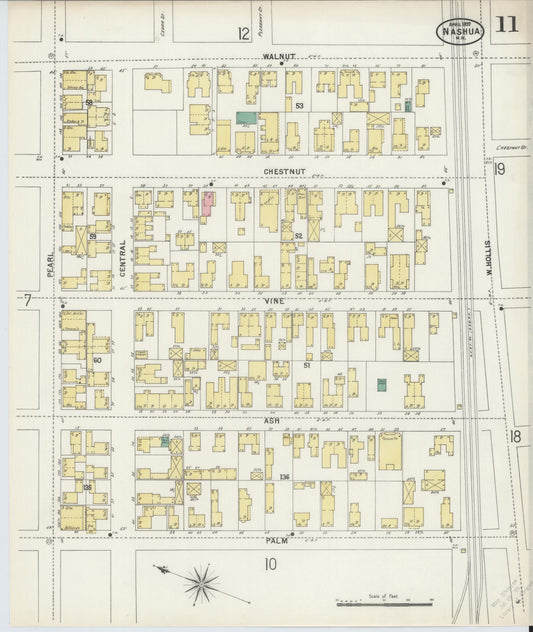 Sanborn Fire Insurance Map from Nashua, Hillsborough County, New Hampshire (1897), Sheet #0011 - Historic Sanborn Fire Insurance Map Print, vintage old map wall art, antique decor, genealogy gift, New Hampshire New Hampshire map