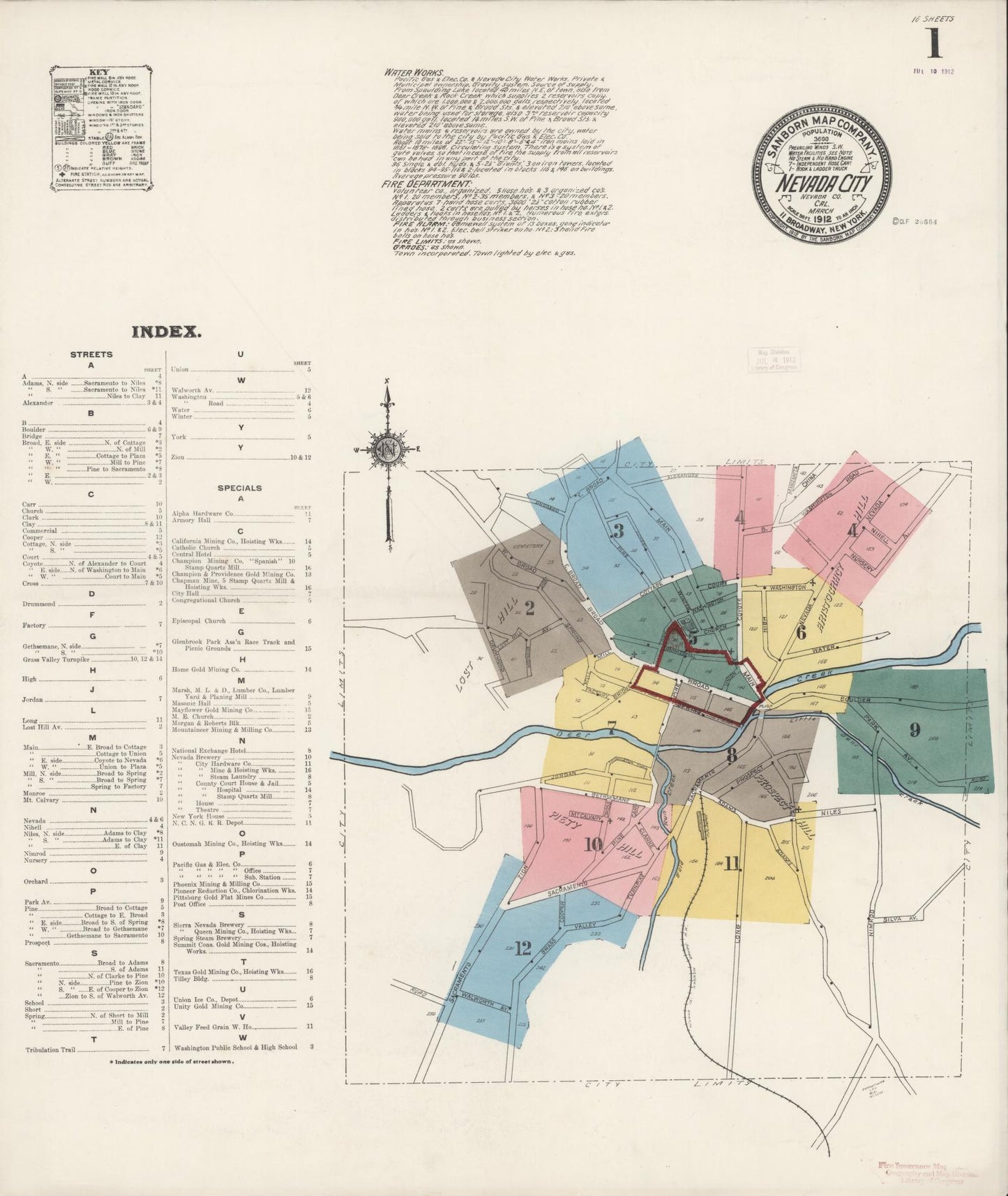Sanborn Fire Insurance Map from Nevada City, Nevada County, California (1912), Sheet #0001 - Historic Sanborn Fire Insurance Map Print, vintage old map wall art, antique decor, genealogy gift, California California map