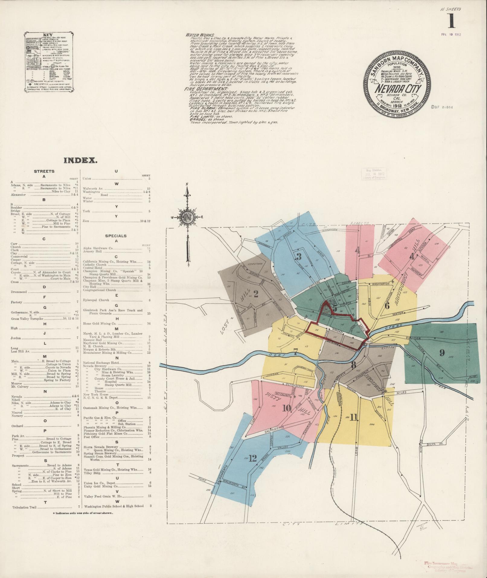 Sanborn Fire Insurance Map from Nevada City, Nevada County, California (1912), Sheet #0001 - Historic Sanborn Fire Insurance Map Print, vintage old map wall art, antique decor, genealogy gift, California California map