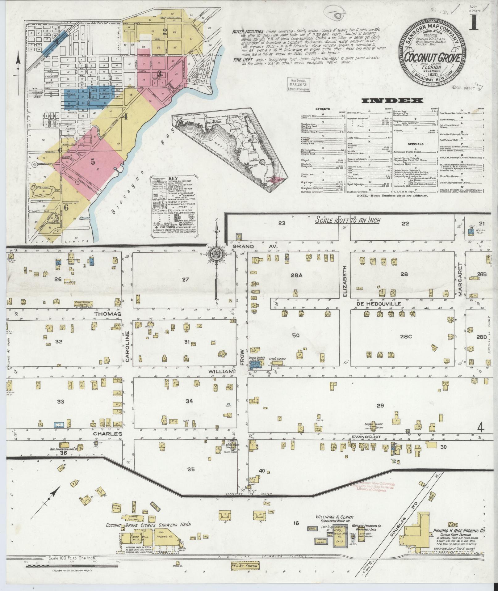 Sanborn Fire Insurance Map from Coconut Grove, Dade County, Florida (1920), Sheet #0001 - Historic Sanborn Fire Insurance Map Print, vintage old map wall art, antique decor, genealogy gift, Florida Florida map