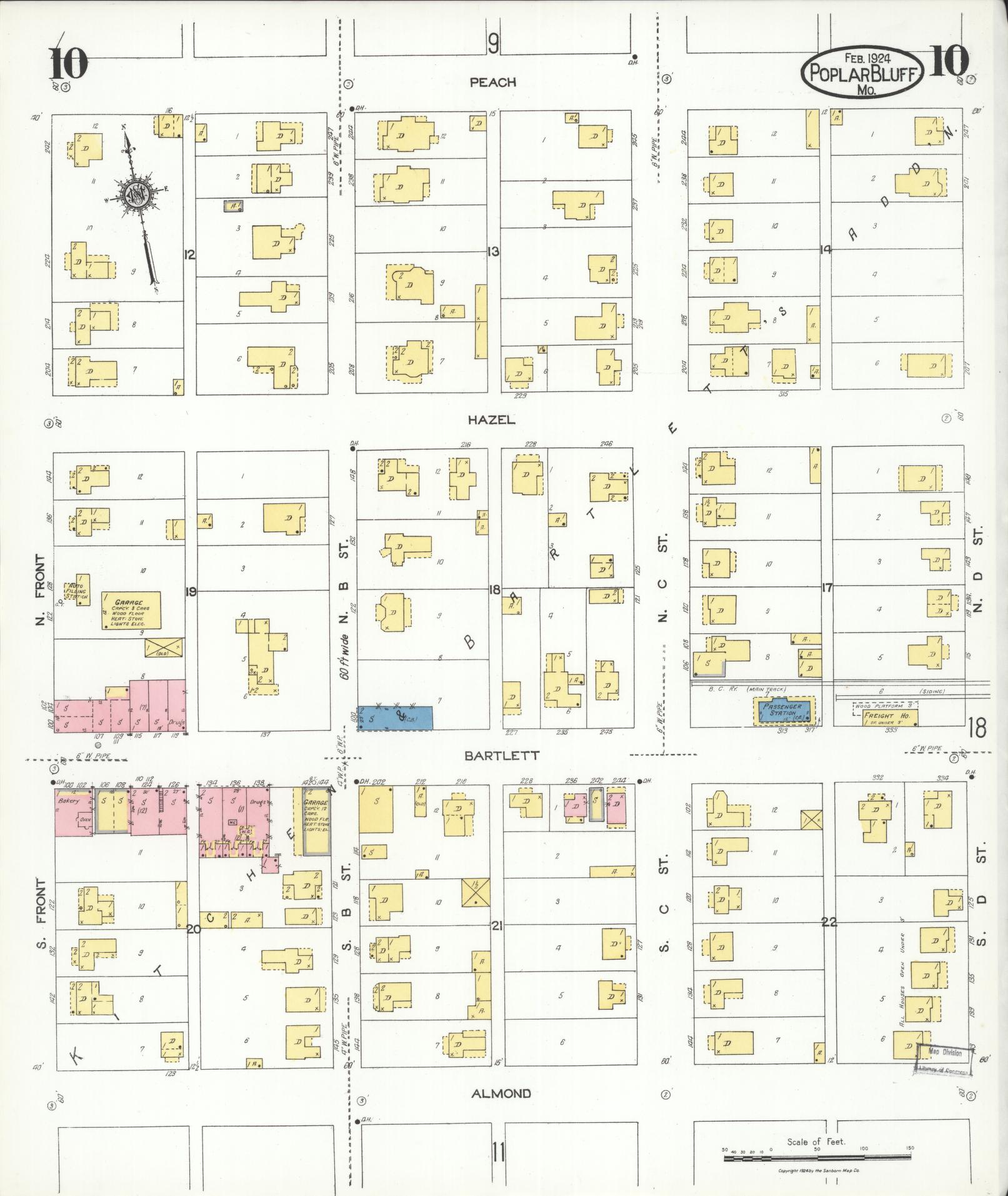 Sanborn Fire Insurance Map from Poplar Bluff, Butler County, Missouri (1924), Sheet #0010 - Complete Map Set gallery image, historic Sanborn map, vintage wall art, Missouri Missouri