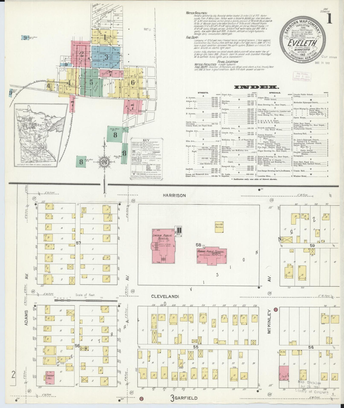 Sanborn Fire Insurance Map from Eveleth, Saint Louis County, Minnesota (1912), Sheet #0001 - Historic Sanborn Fire Insurance Map Print, vintage old map wall art, antique decor, genealogy gift, Minnesota Minnesota map