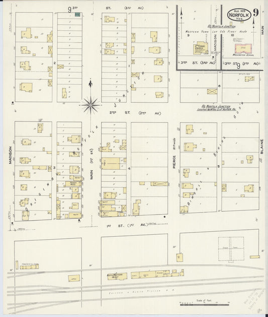 Sanborn Fire Insurance Map from Norfolk, Madison County, Nebraska (1909), Sheet #0009 - Historic Sanborn Fire Insurance Map Print, vintage old map wall art, antique decor, genealogy gift, Nebraska Nebraska map