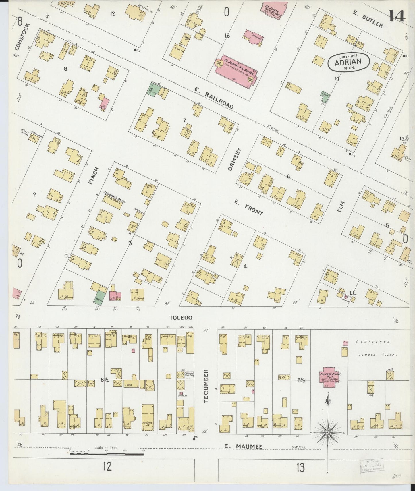 Sanborn Fire Insurance Map from Adrian, Lenawee County, Michigan (1899), Sheet #0014 - Historic Sanborn Fire Insurance Map Print, vintage old map wall art, antique decor, genealogy gift, Michigan Michigan map