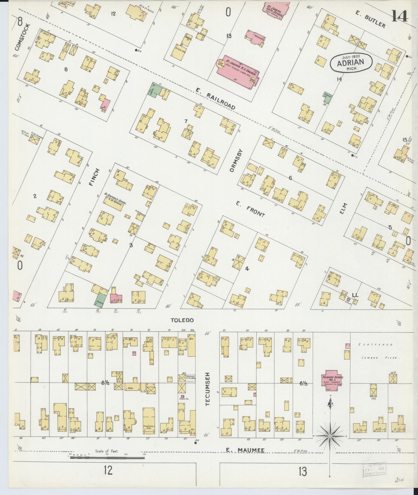 Sanborn Fire Insurance Map from Adrian, Lenawee County, Michigan (1899), Sheet #0014 - Historic Sanborn Fire Insurance Map Print, vintage old map wall art, antique decor, genealogy gift, Michigan Michigan map