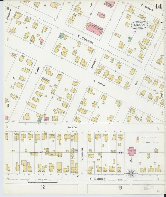 Sanborn Fire Insurance Map from Adrian, Lenawee County, Michigan (1899), Sheet #0014 - Historic Sanborn Fire Insurance Map Print, vintage old map wall art, antique decor, genealogy gift, Michigan Michigan map