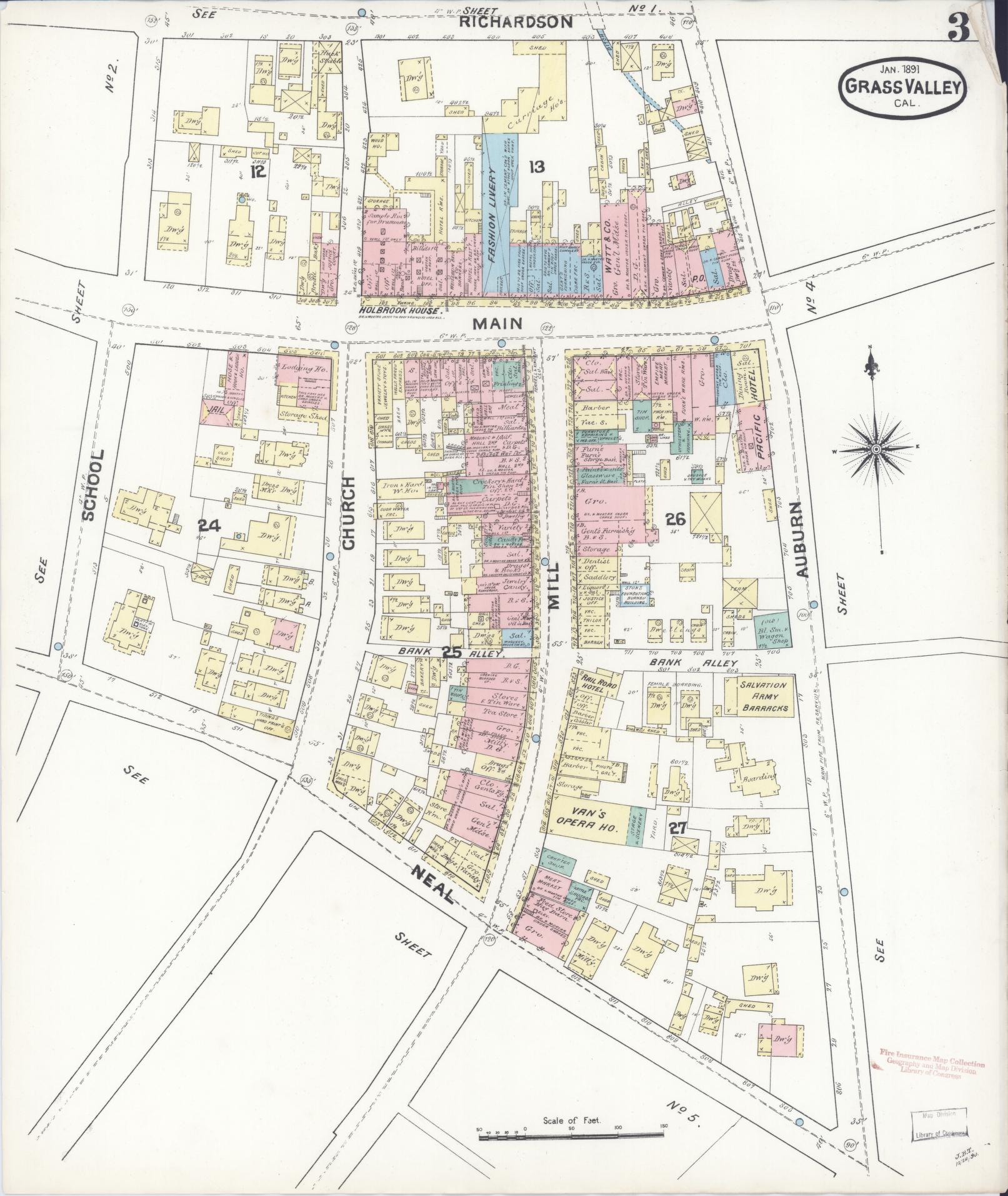Sanborn Fire Insurance Map from Grass Valley, Nevada County, California (1891), Sheet #0003 - Historic Sanborn Fire Insurance Map Print, vintage old map wall art, antique decor, genealogy gift, Grass Valley Nevada map