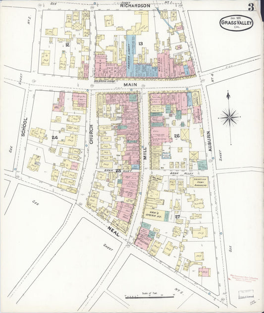 Sanborn Fire Insurance Map from Grass Valley, Nevada County, California (1891), Sheet #0003 - Historic Sanborn Fire Insurance Map Print, vintage old map wall art, antique decor, genealogy gift, Grass Valley Nevada map