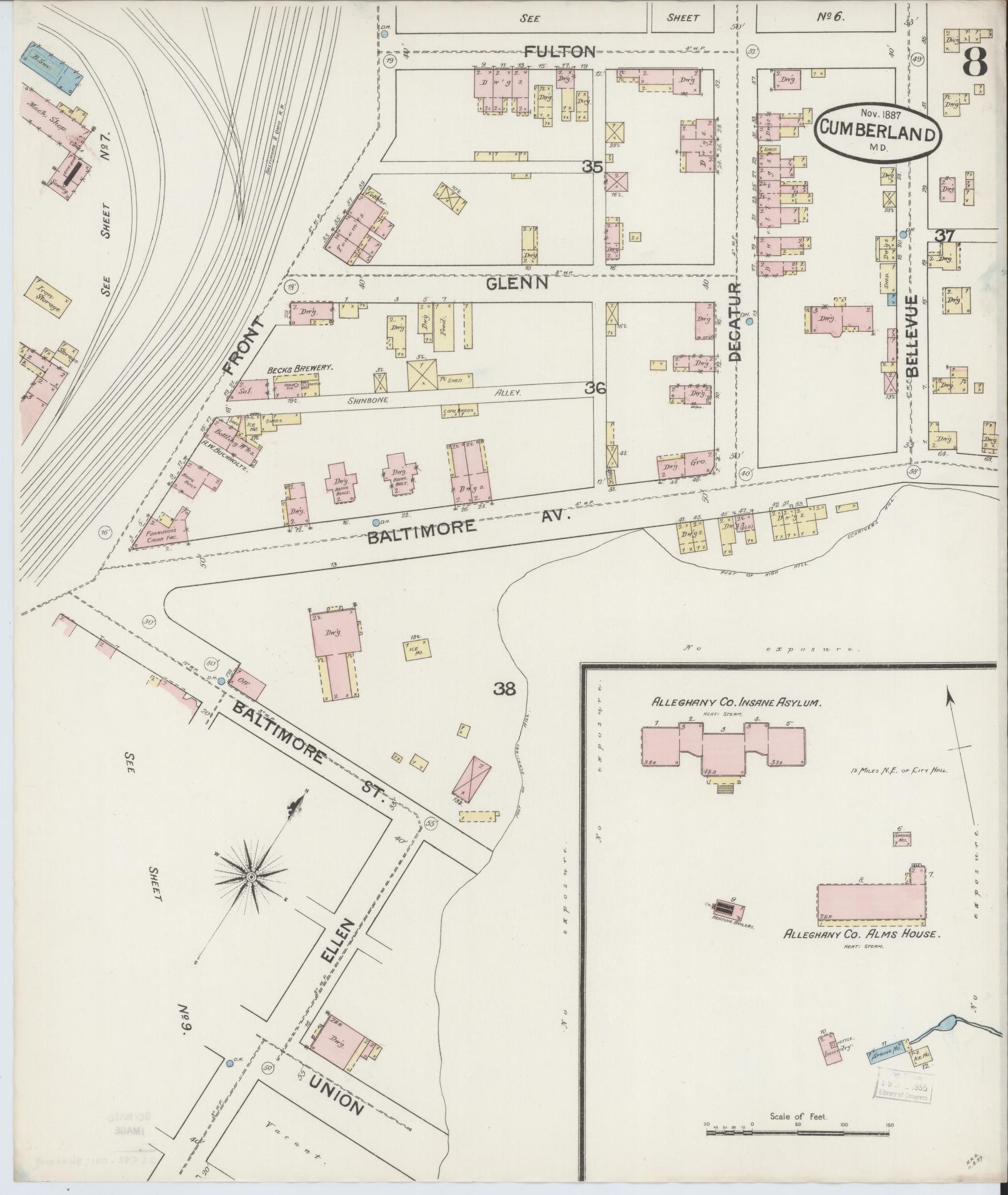 Sanborn Fire Insurance Map from Cumberland, Allegany County, Maryland (1887), Sheet #0008 - Historic Sanborn Fire Insurance Map Print, vintage old map wall art, antique decor, genealogy gift, Maryland Maryland map