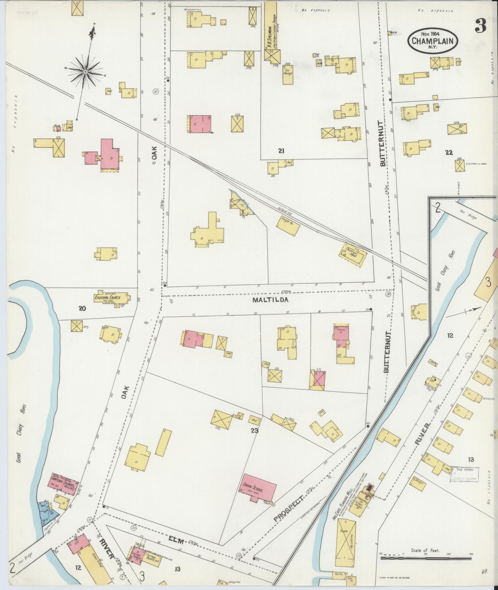 Sanborn Fire Insurance Map from Champlain, Clinton County, New York (1904), Sheet #0003 - Historic Sanborn Fire Insurance Map Print, vintage old map wall art, antique decor, genealogy gift, New York New York map