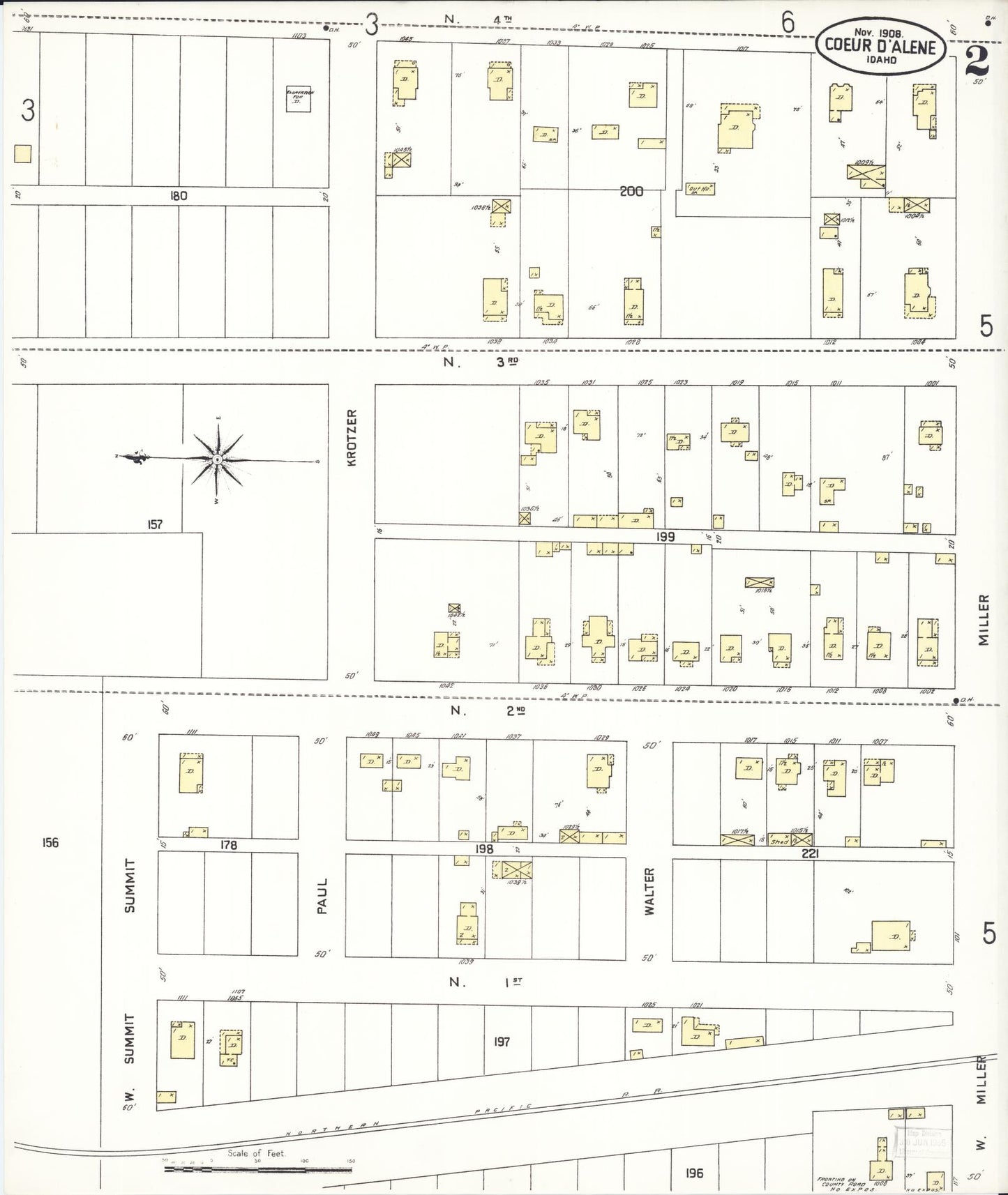 Sanborn Fire Insurance Map from Coeur D'alene, Kootenai County, Idaho (1908), Sheet #0002 - Complete Map Set gallery image, historic Sanborn map, vintage wall art, Idaho Idaho