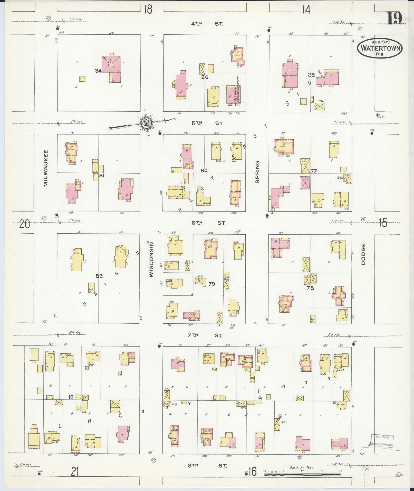 Sanborn Fire Insurance Map from Watertown, Jefferson County, Wisconsin (1909), Sheet #0019 - Historic Sanborn Fire Insurance Map Print, vintage old map wall art, antique decor, genealogy gift, Wisconsin Wisconsin map