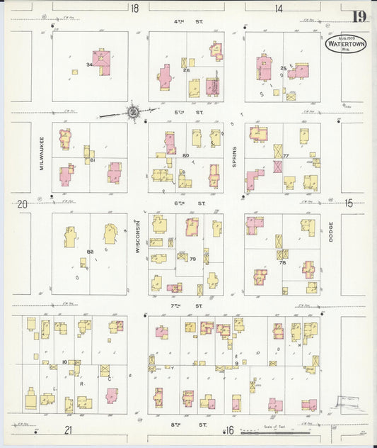 Sanborn Fire Insurance Map from Watertown, Jefferson County, Wisconsin (1909), Sheet #0019 - Historic Sanborn Fire Insurance Map Print, vintage old map wall art, antique decor, genealogy gift, Wisconsin Wisconsin map