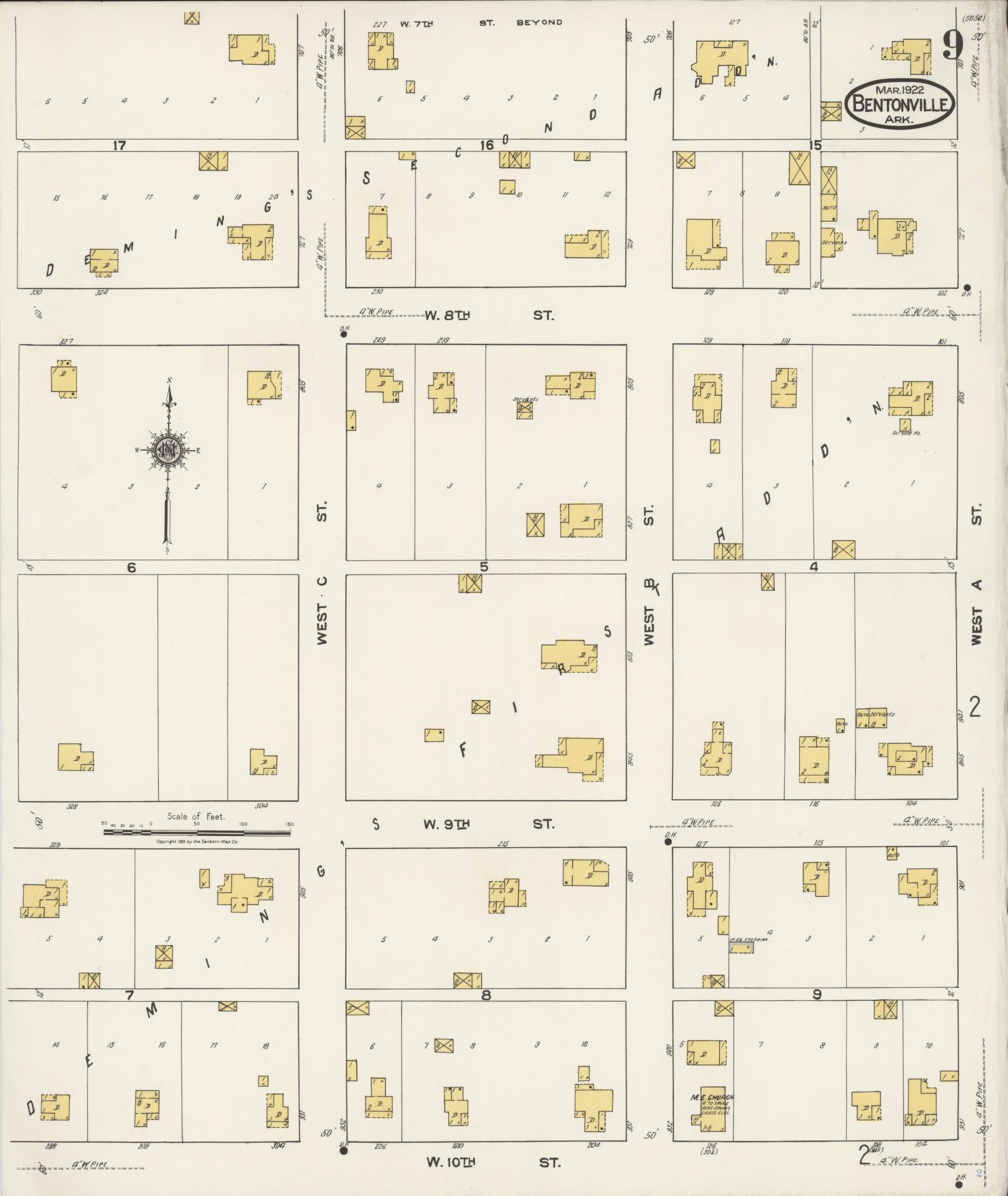 Sanborn Fire Insurance Map from Bentonville, Benton County, Arkansas (1922), Sheet #0009 - Complete Map Set gallery image, historic Sanborn map, vintage wall art, Arkansas Arkansas