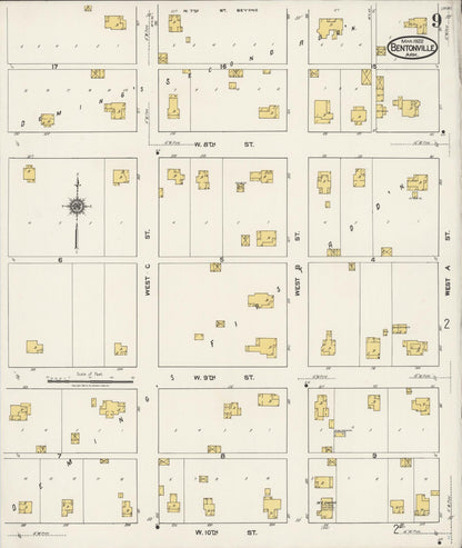 Sanborn Fire Insurance Map from Bentonville, Benton County, Arkansas (1922), Sheet #0009 - Complete Map Set gallery image, historic Sanborn map, vintage wall art, Arkansas Arkansas