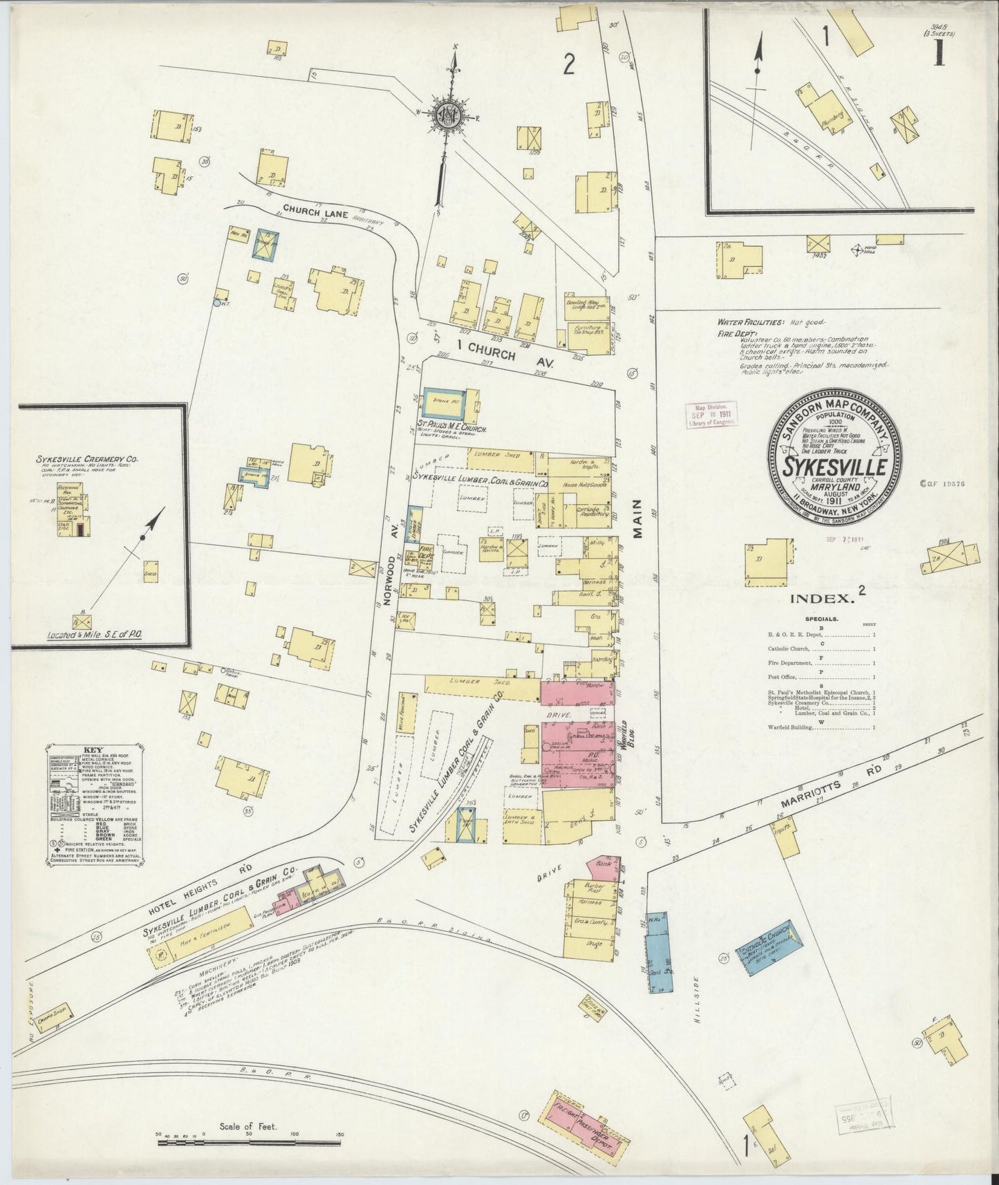 Sanborn Fire Insurance Map from Sykesville, Carroll County, Maryland (1911), Sheet #0001 - Historic Sanborn Fire Insurance Map Print, vintage old map wall art, antique decor, genealogy gift, Maryland Maryland map