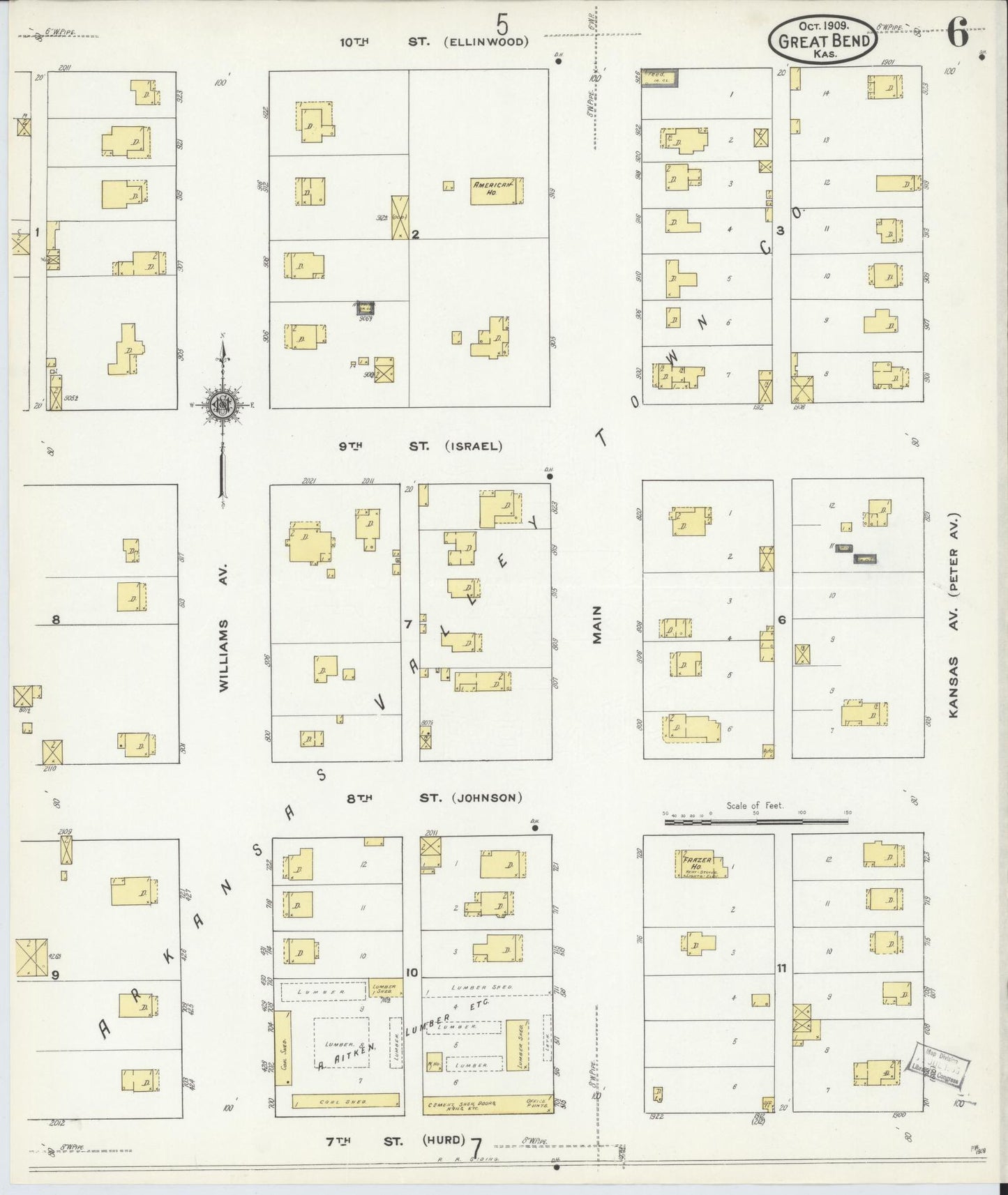 Sanborn Fire Insurance Map from Great Bend, Barton County, Kansas (1909), Sheet #0006 - Complete Map Set gallery image, historic Sanborn map, vintage wall art, Kansas Kansas