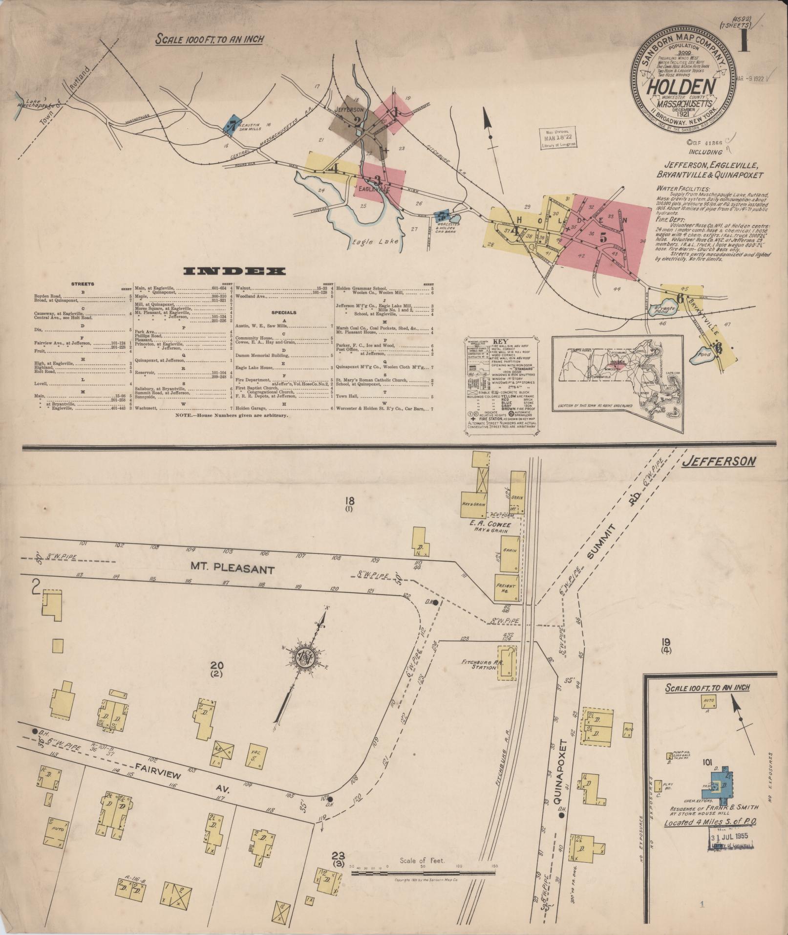 Sanborn Fire Insurance Map from Holden, Worcester County, Massachusetts (1921), Sheet #0001 - Historic Sanborn Fire Insurance Map Print, vintage old map wall art, antique decor, genealogy gift, Massachusetts Massachusetts map